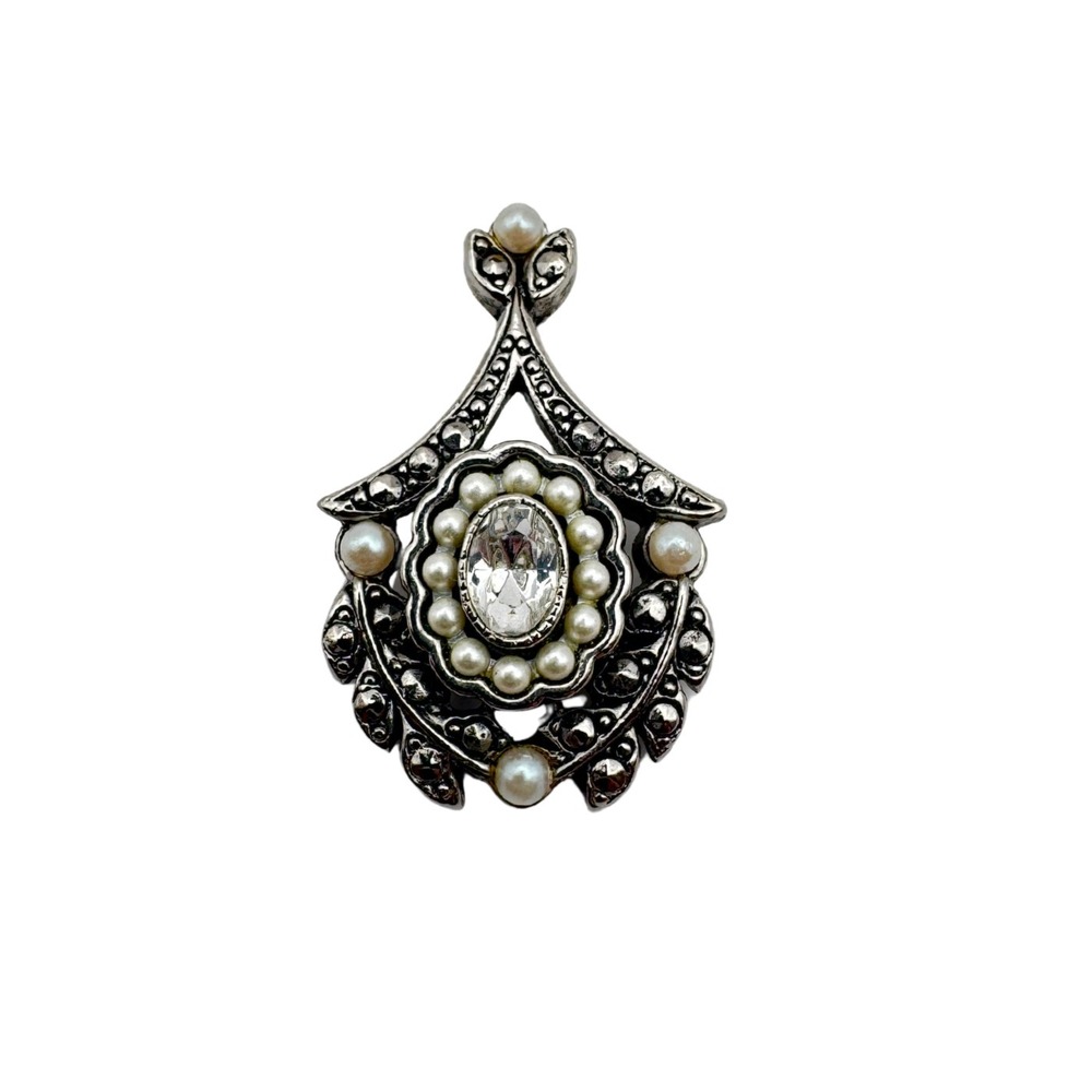 Vintage Marcasite Pendant Faux Pearl & Rhinestone